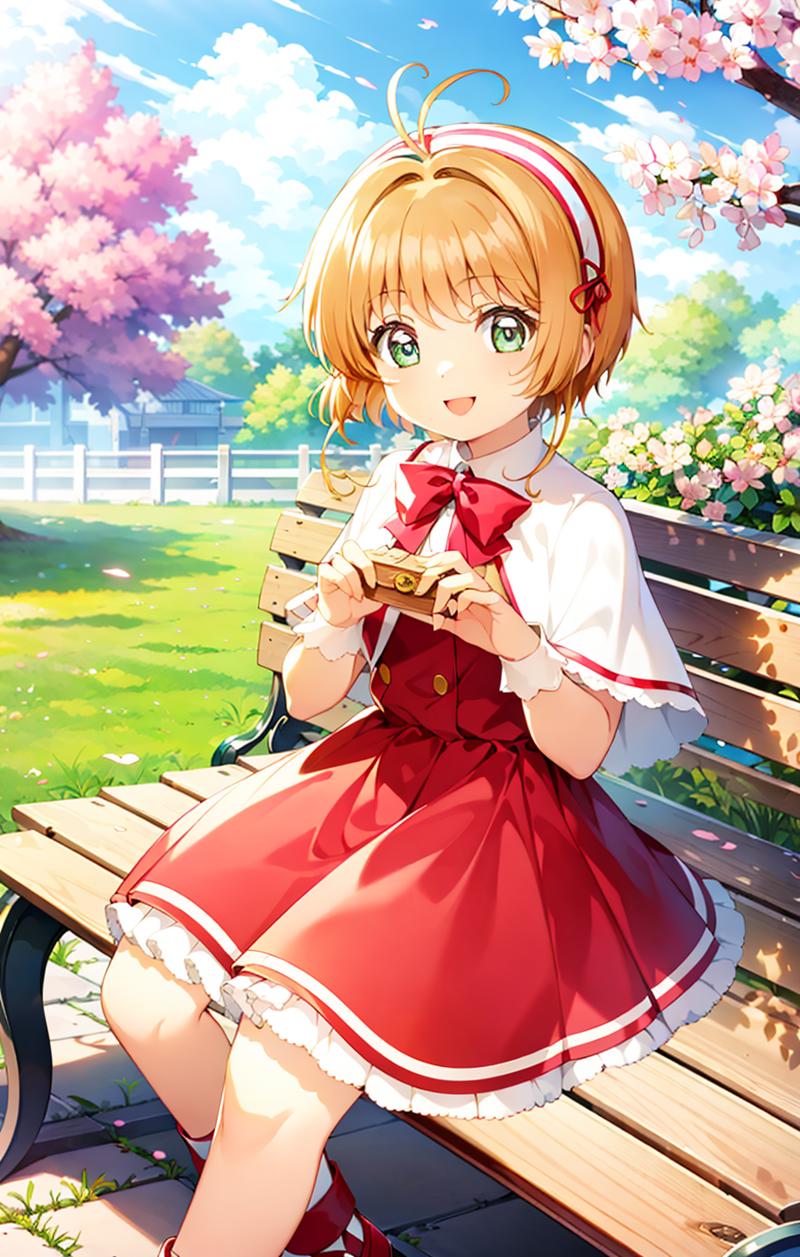 02234-3756897532-, masterpiece, best quality,  1girl, solo, kinomoto sakura, dress, hairband, capelet, cherry blossoms, smile, bench, brick floor.png